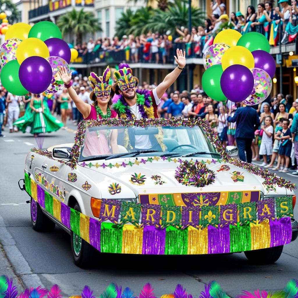 Mardi Gras Parade Float Decorations Kit Purple Green Gold Tinsel Garlands Fan Flag Mardi Gras Banner Balloons Paper Fans Streamers Masquerade Masks