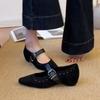 Retro black one-word belt inner height increase niche Mary Jane shoes square head suede small single shoes