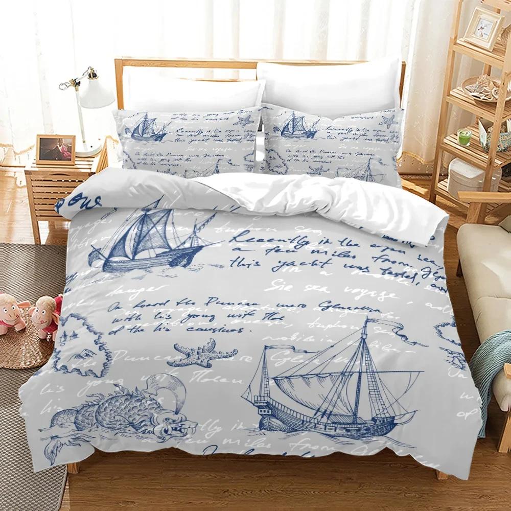 Nautical Pirate Duvet Cover Set Sailboat Theme Bedding Set Palm Tree Island Treasure Hawaiian Beach Cartoon Comforter Cover Full