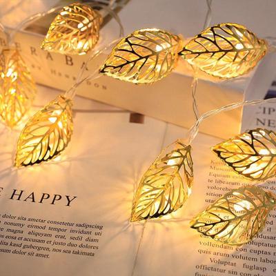 Gold-Plated Wrought Iron LED Leaf String Lights for Bedroom Decor