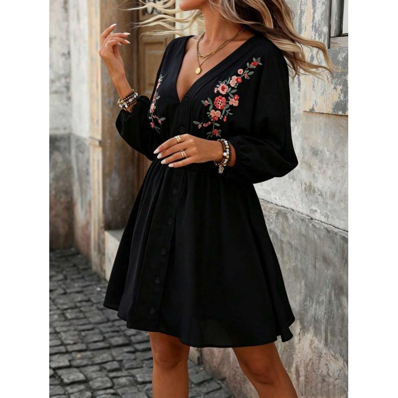 Amazon Europe and America 2026 Summer New Casual Flower Embroidered Lantern Sleeves Waist Thin Dress Women