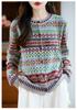 2025 Autumn/Winter Women's Loose Ethnic Style Raccoon Fur & Wool Knit Cardigan with Color Block and Round Neck, Long Sleeves