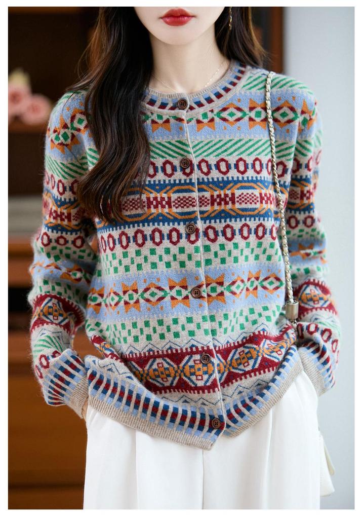 2025 Autumn/Winter Women's Loose Ethnic Style Raccoon Fur & Wool Knit Cardigan with Color Block and Round Neck, Long Sleeves