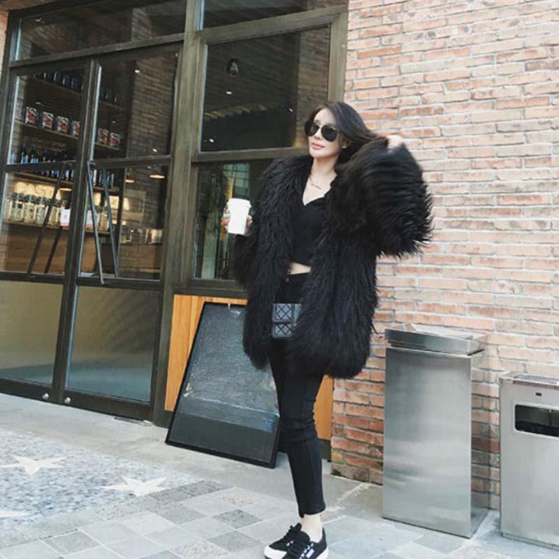 Women Wool Faux Fur Coat Autumn and Winter Mid-length Slim Warm Lamb Long Hair Leisure Jackets
