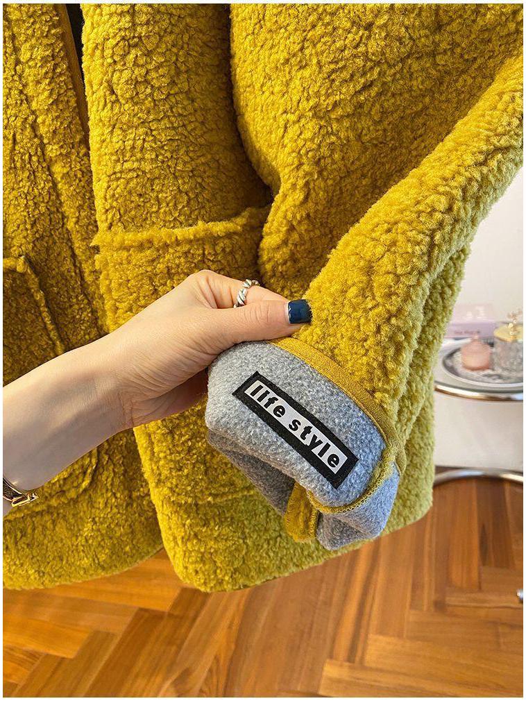 Women's Winter 2025 Soft Yellow Lambswool Coat - Loose, Thick, and Fluffy