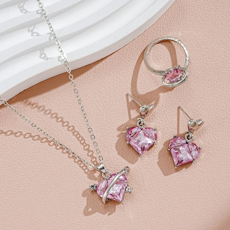 Elegant Bridal Jewelry Set Heart Necklace Drop Earrings Pendant Earrings Heart Rings Party Jewelry Suitable for Wedding