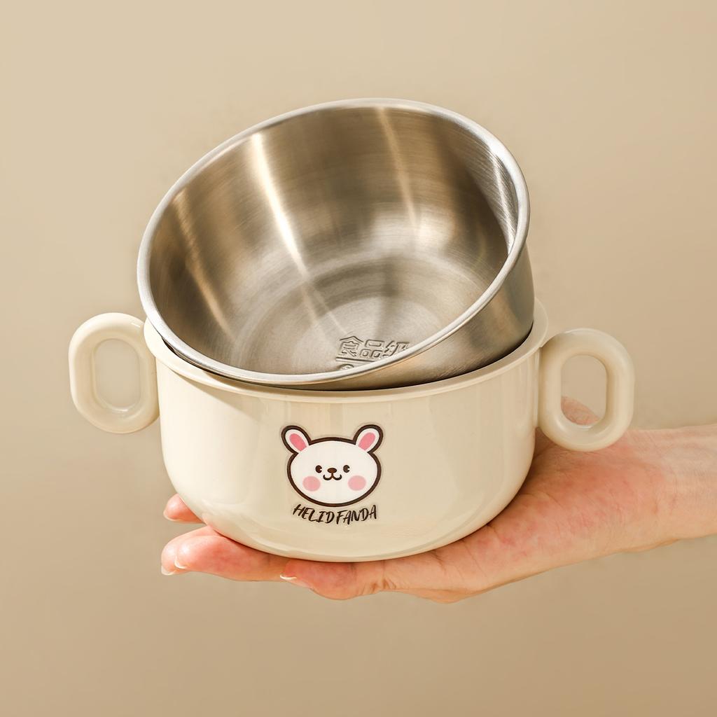 500ml Double-Layer Rice Bowl Cartoon Anti-scalding 304 Stainless Steel Soup Bowl For Kid Double Handle Food Container