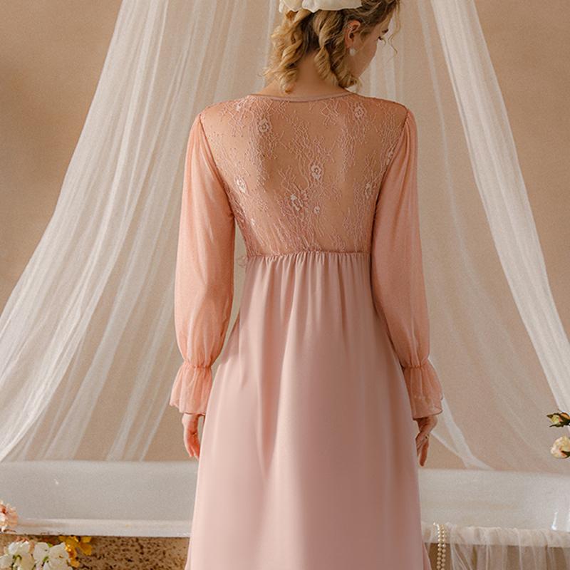 Women Sexy Sleepshirts Lace Patchwork Mesh V-neck Dress Nightgowns Porn Translucent Long Lounge Comfortable Clothing