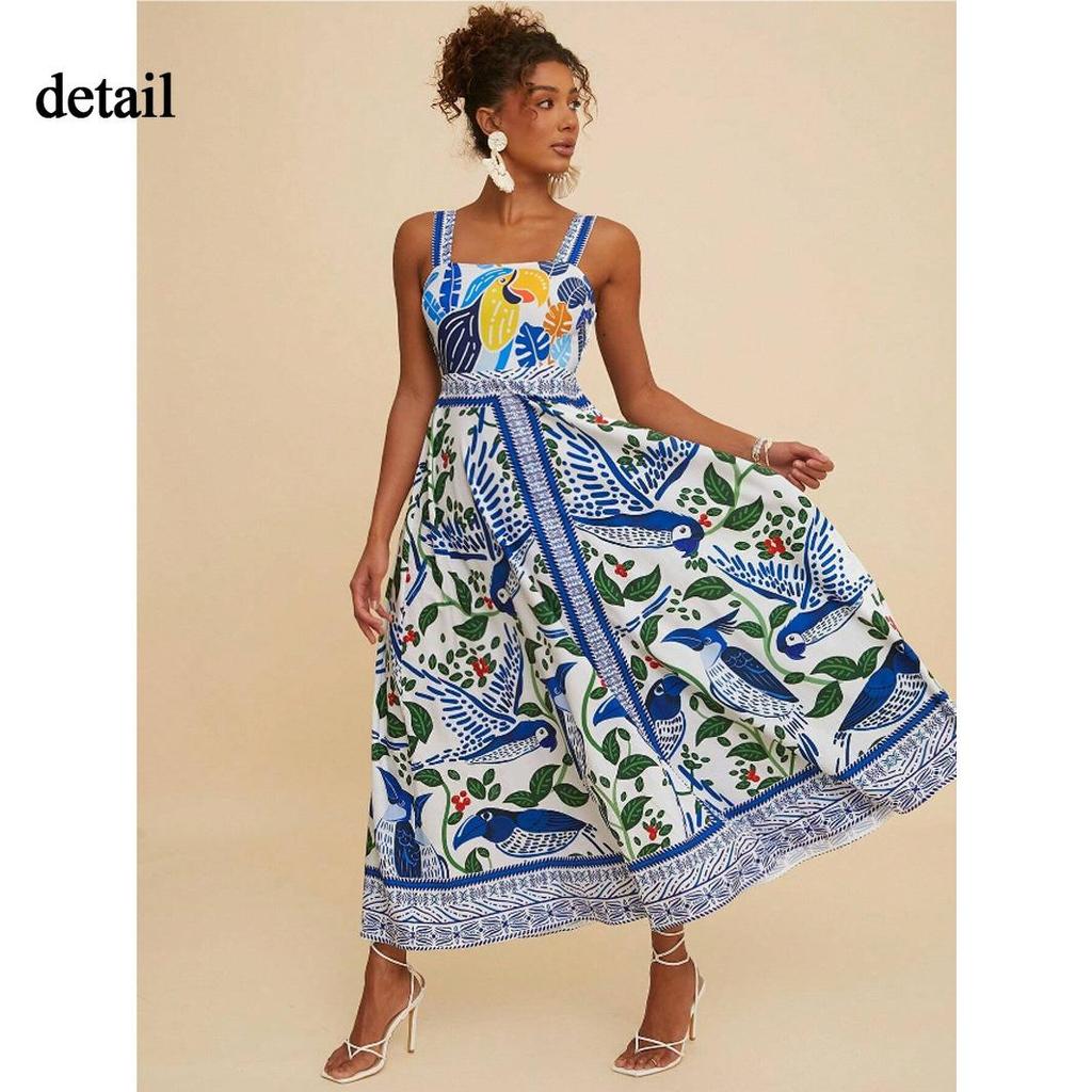 Womens Summer Boho Floral Dress Spaghetti Strap Square Neck Ruffle Casual Flowy A-Line Beach Swing Party Long Sundress Sleeveless Maxi Dress for Women