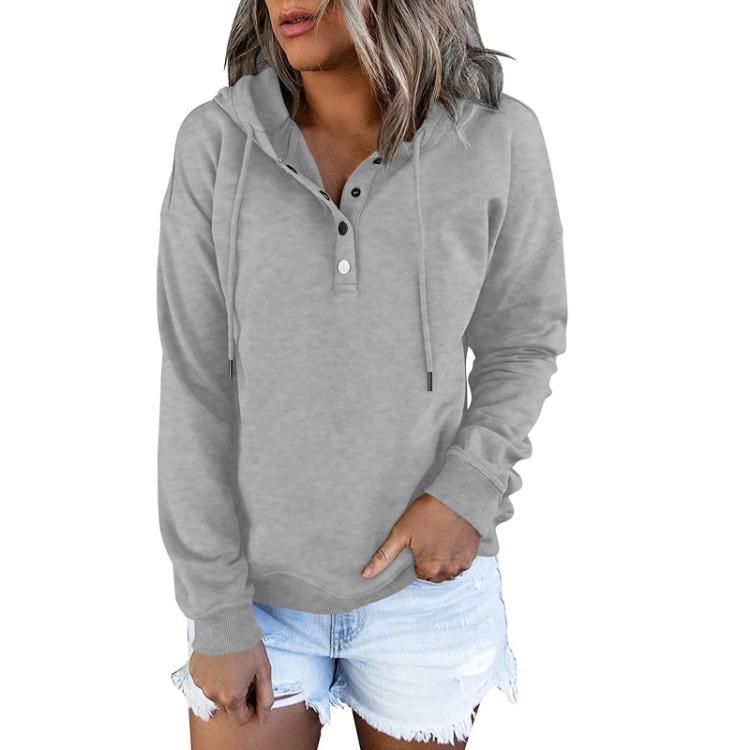 Women Fashion Long Sleeve Casual Solid Color Hooded Sweatshirt Top with Button Front