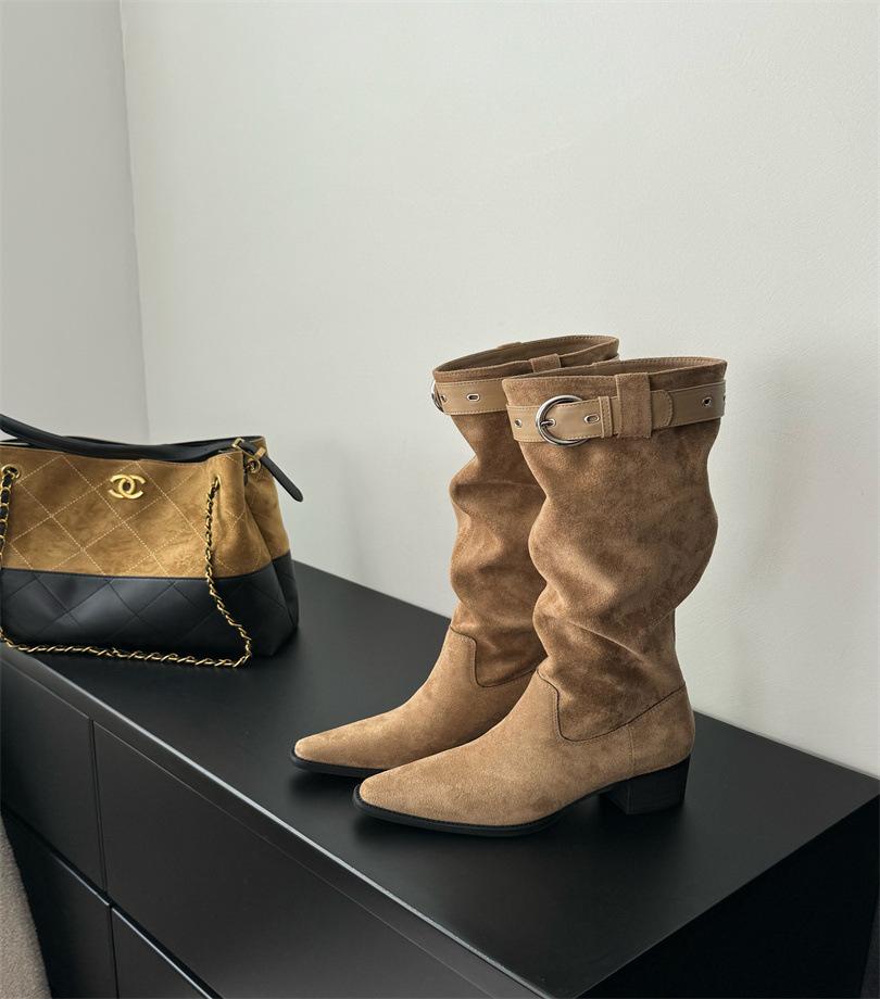 

2025 autumn and winter new suede pointed thin medium boots children thick heel fashion belt buckle sleeve western boots 40 хаки