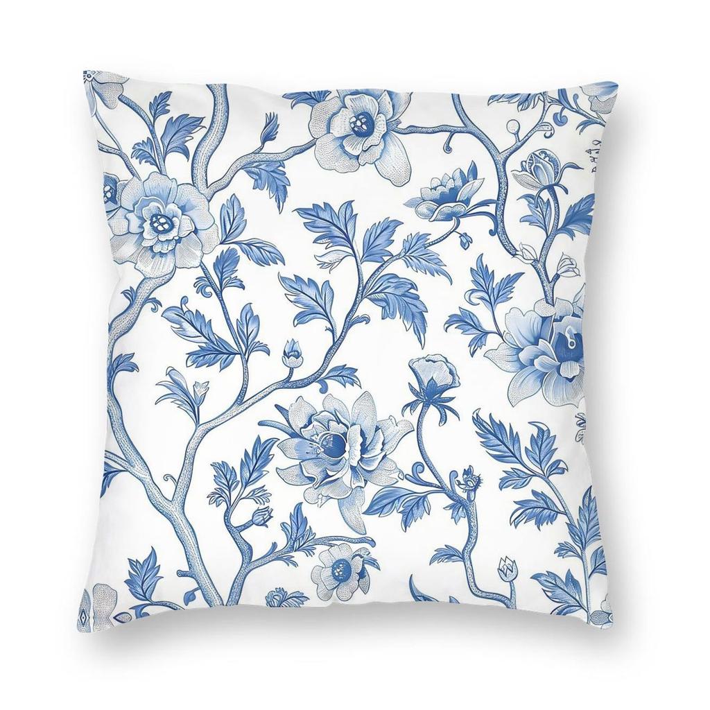 Blue Chinoiserie Floral Square Pillowcase Polyester Linen Velvet Creative Decor Pillow Case Sofa Seater Cushion Cover Wholesale