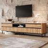 TV-Schrank 180x40x52cm, mit 2 Schubladen & 2 Klapptüren, 6 Metallfüße, bis zu 30kg Belastbarkeit, Entertainment-Center für 75 Zoll, Naturholzfarbe