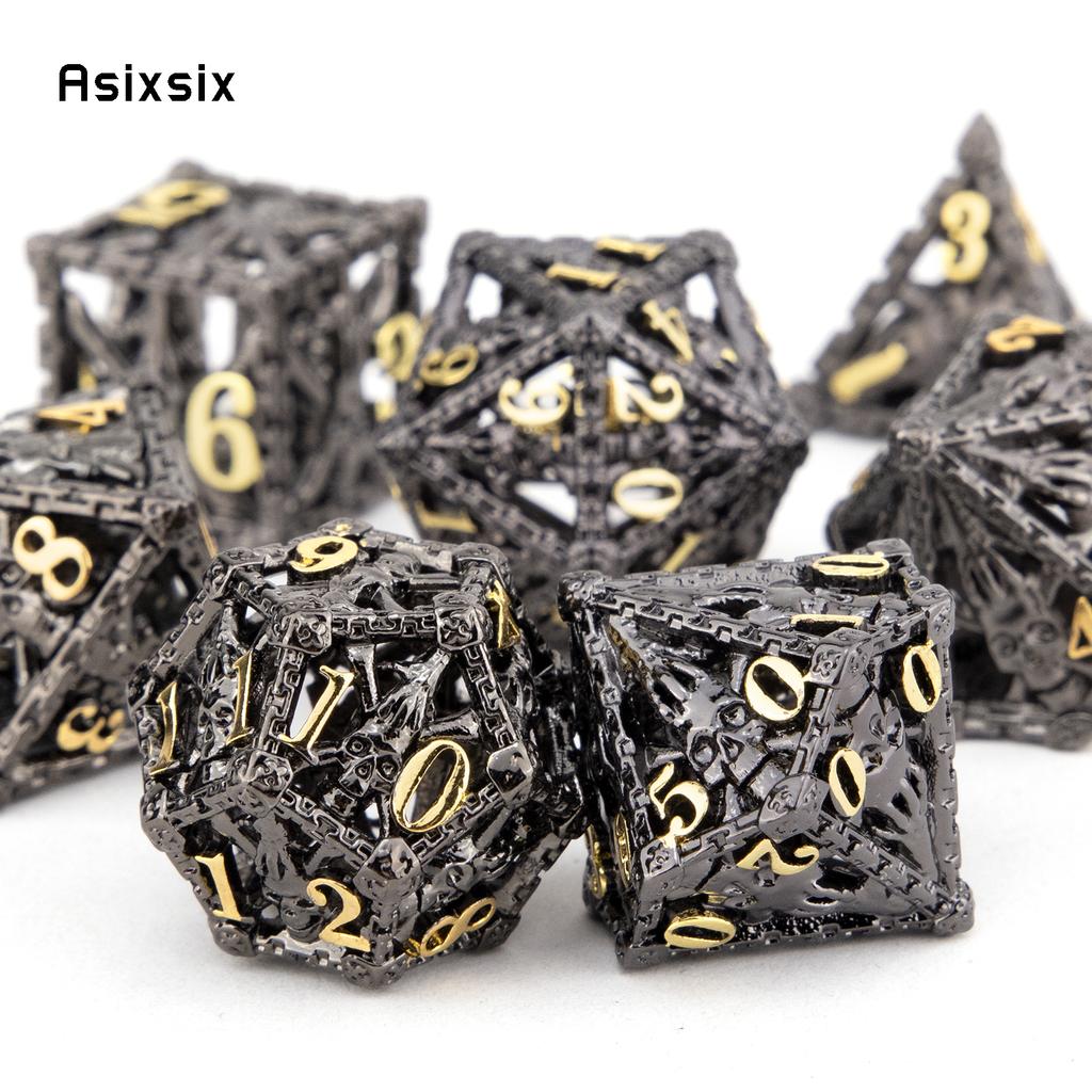 7 Pcs Black Golden Hand Skull Head Metal Dice Hollow Polyhedral Dice Set Suitable for Role-Playing RPG  Board Game Card Game
