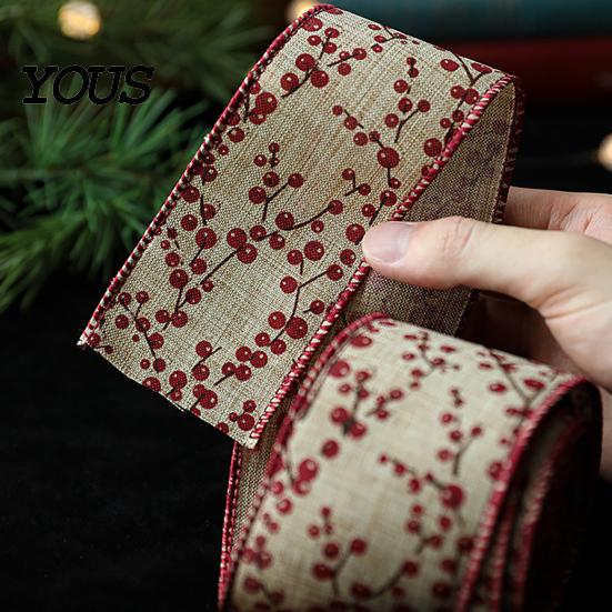 DIY Crafting Ribbon for Garlands Christmas Red Berry Ribbon, 2.2 Yards Imitation Linen 2.5 Inch Wide Holiday Decorative Trees Gift Box Packaging
