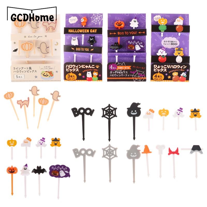 3-6pc Cartoon Halloween Pumpkin Ghost Dessert Snack Cake Food Fruit Fork Children Toothpic DIY Bento Lunches Party Decor
