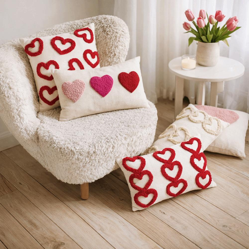 Romantic Valentine Heart Pattern Pillowcase Velvet Hidden Zipper Tufted Cushion Case Minimalist Embroidery Plush Pillow Cover