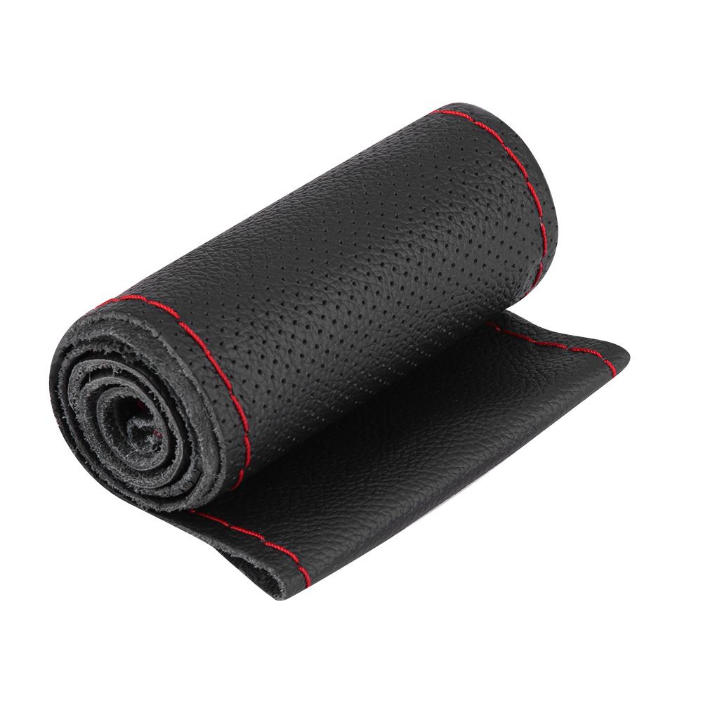 1 Pc 3738cm Car Auto Laser Drilling Cowhide Steering Wheel Cover Universal (Black Red)