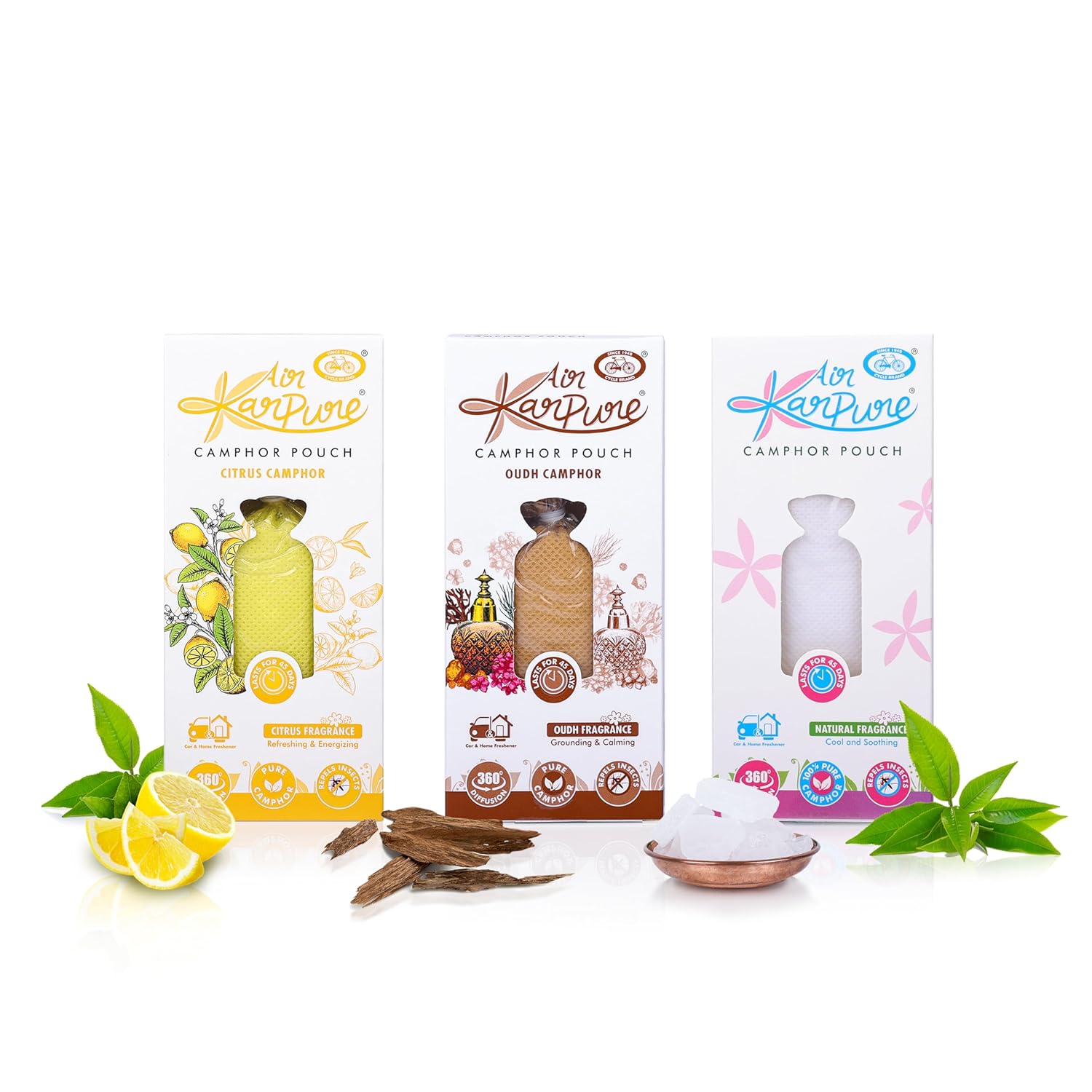 

Cycle Pure Karpure Камфорные мешочки, упаковка из 3 штук( Уд Цитрус Бхимсени )Ароматизатор для дома, машины, шкафа