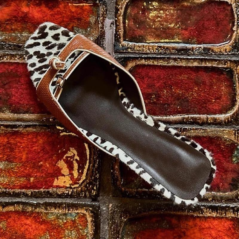 Fashion Sexy Leopard Kitten Heel Slippers Women Fashion Square Toe Buckle Slide Sandals Luxury Designer Brand Sandals Zapatos Para Mujer