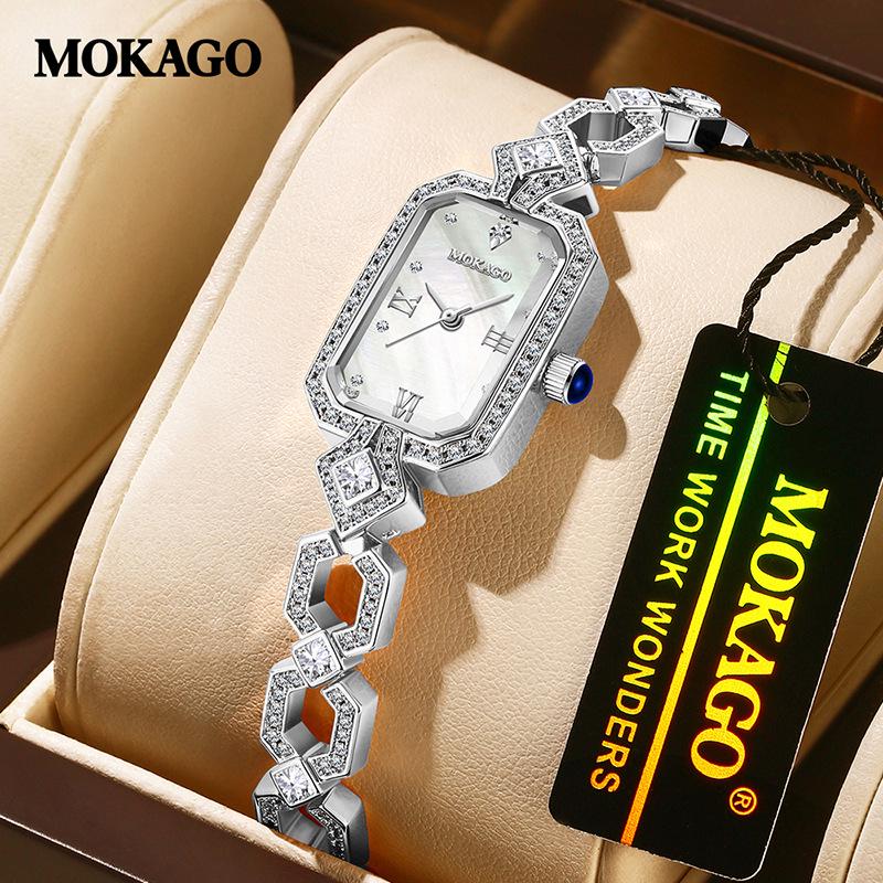 Mokga Women's Exquisite Rectangular Copper Bracelet Watch with Inlaid Diamond & Mother-of-Pearl, Waterproof Sunray Quartz Design.