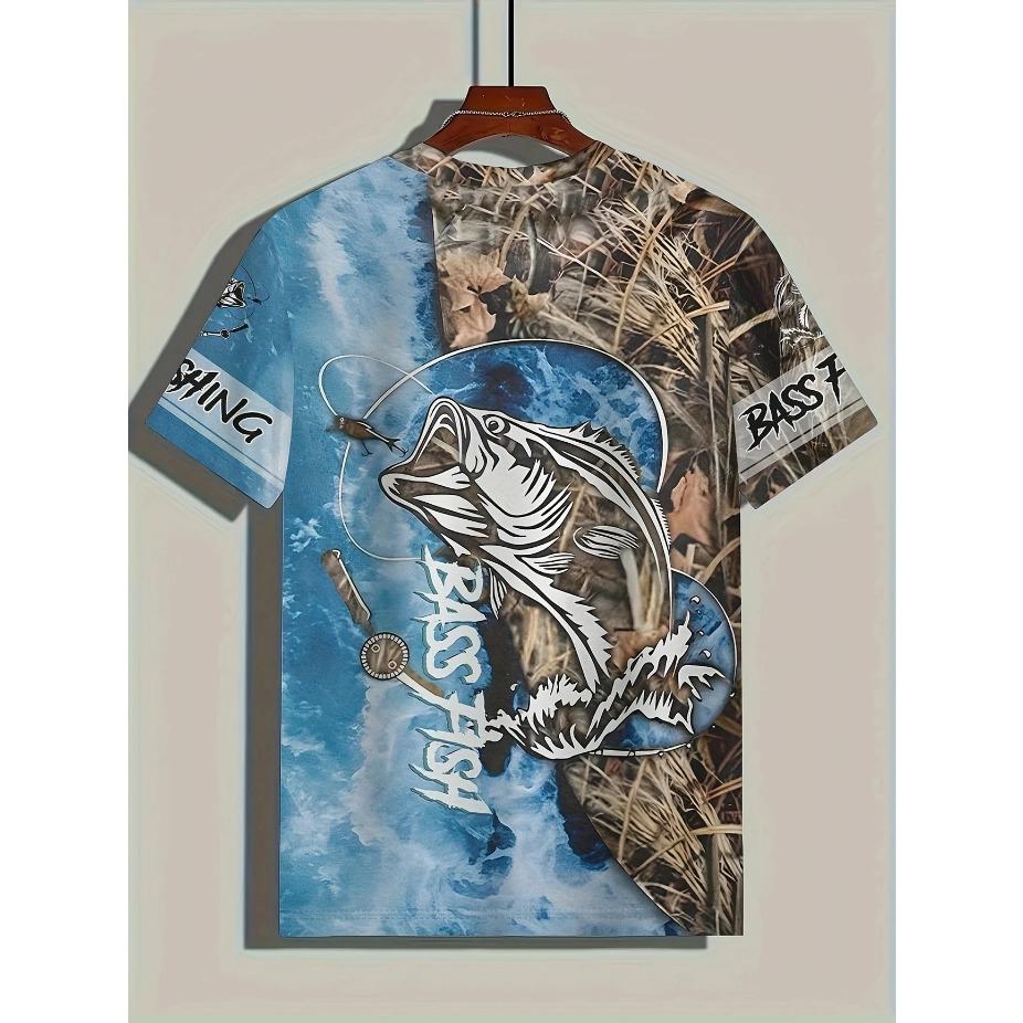 Mens Vibrant Fish Print Casual T-Shirt - Breathable Slight Stretch Polyester Crew Neck Tee for Outdoor Perfect for Summer