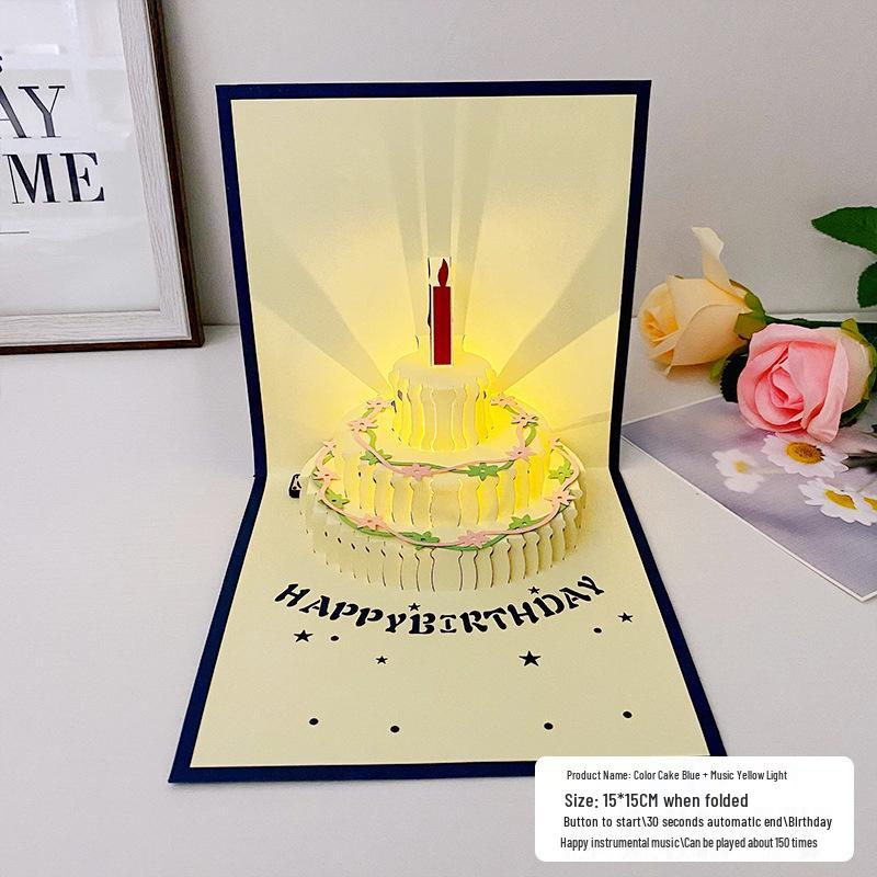 Carte pop-up Gâteau d'anniversaire musical 3D avec lumières colorées et enregistrement