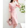 Demana Sweet Mushroom Button V-neck Printed Puff Sleeve Waisted Long Dress