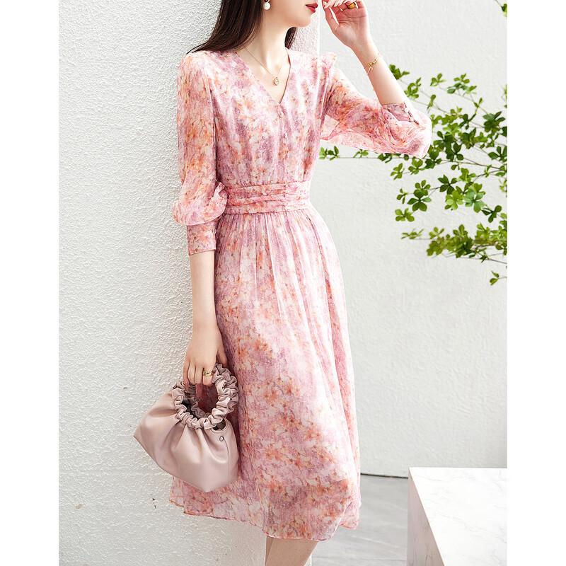 Demana Sweet Mushroom Button V-neck Printed Puff Sleeve Waisted Long Dress