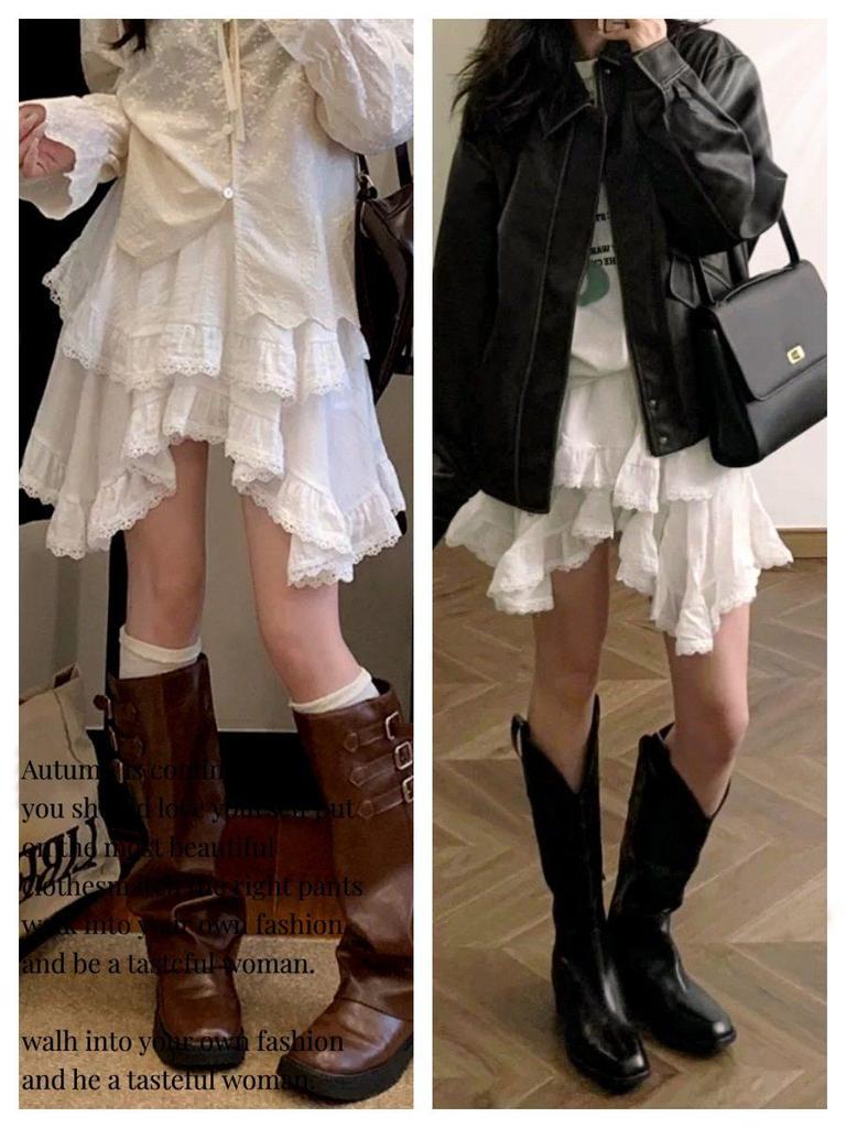 2026 New Irregular White Lace Trim Patchwork Cake Skirt: High Waist, Fluffy, Short Women's Skirt