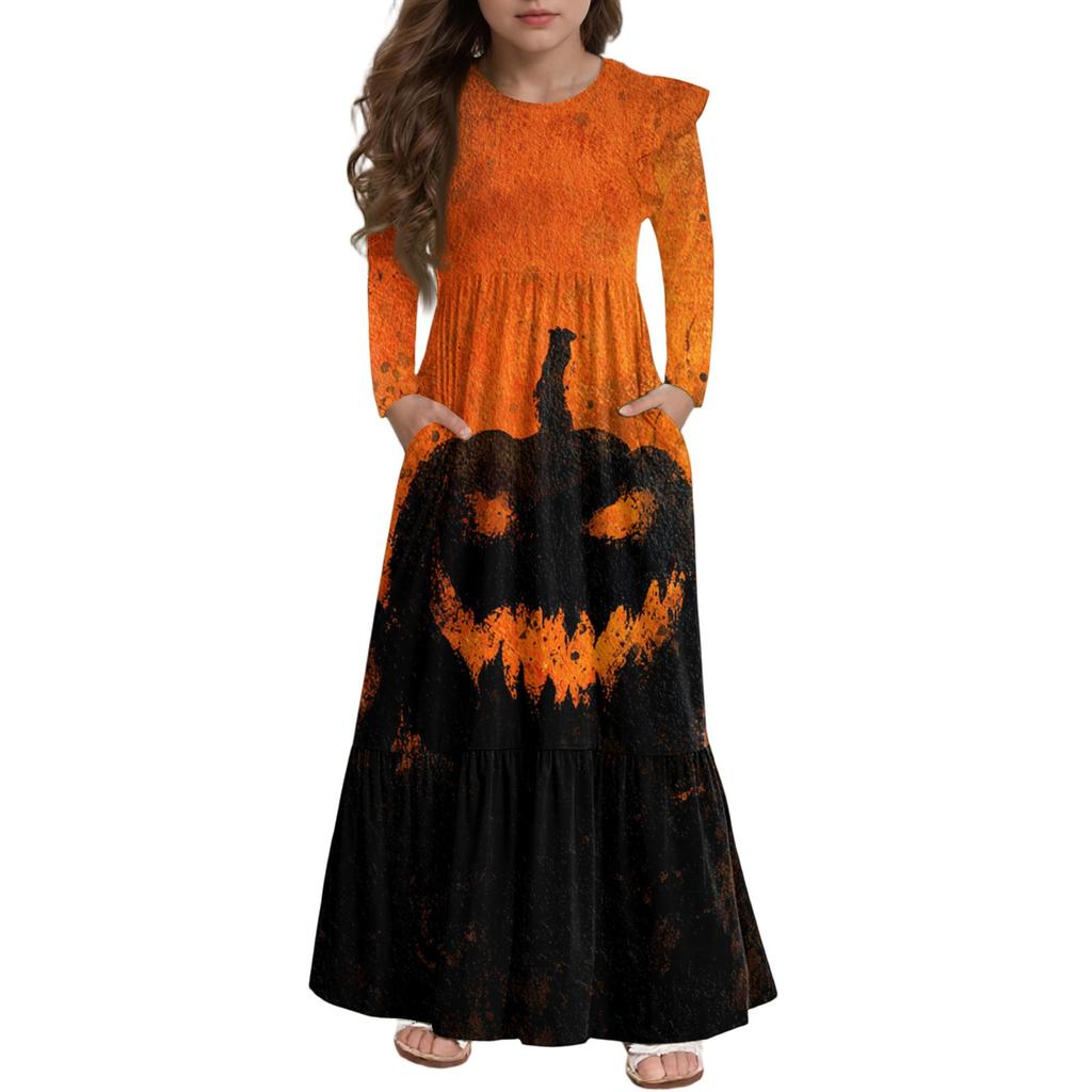 Robe à volants étagés pour filles Jour d'Halloween - Maxi imprimée à manches longues avec poches