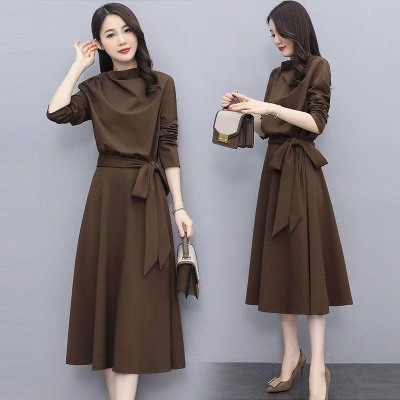 Elegant A-line Long Sleeve High Neck Dress with Bow Tie for Women - Spring/Autumn Collection
