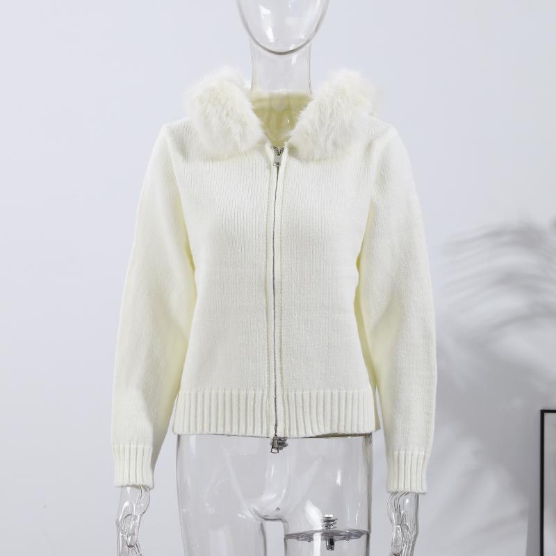 Long-sleeved Fur Collar Hooded Sweater Autumn and Winter Inner and Outer Wear Dual-purpose Ladies Solid Color Zipper Blouse Slim Knit Ladies Cardigan