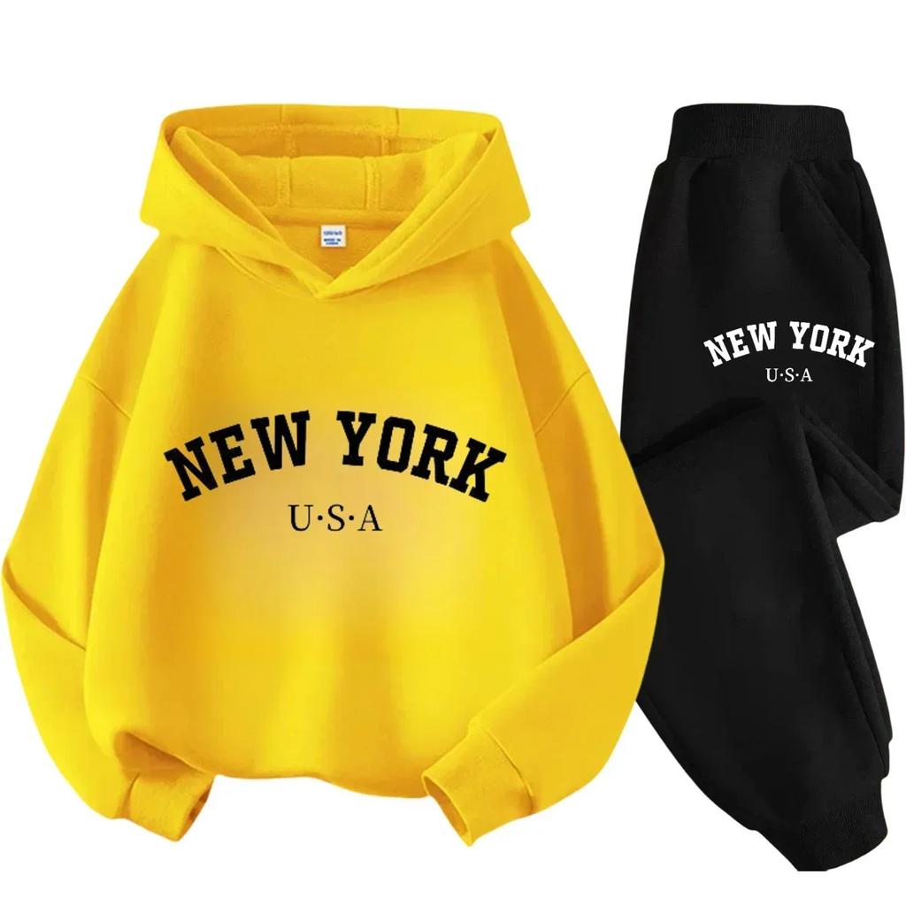New York American Letter Print Children Hooded Sweatshirt Pants Two-piece Set Boy Girl Autumn Winter Daily Loose Warm
