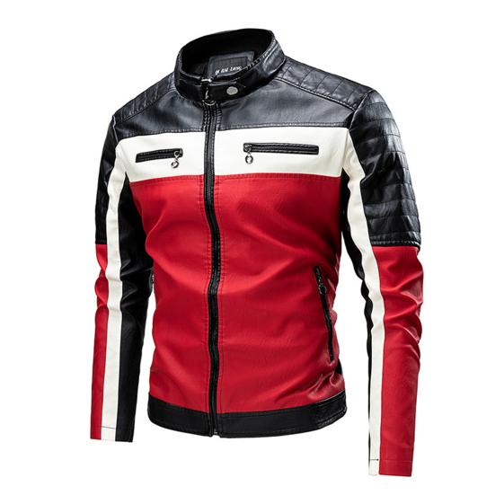 Men Jacket Color Block Slim Windproof Faux Leather Stand Collar Outerwear for Working