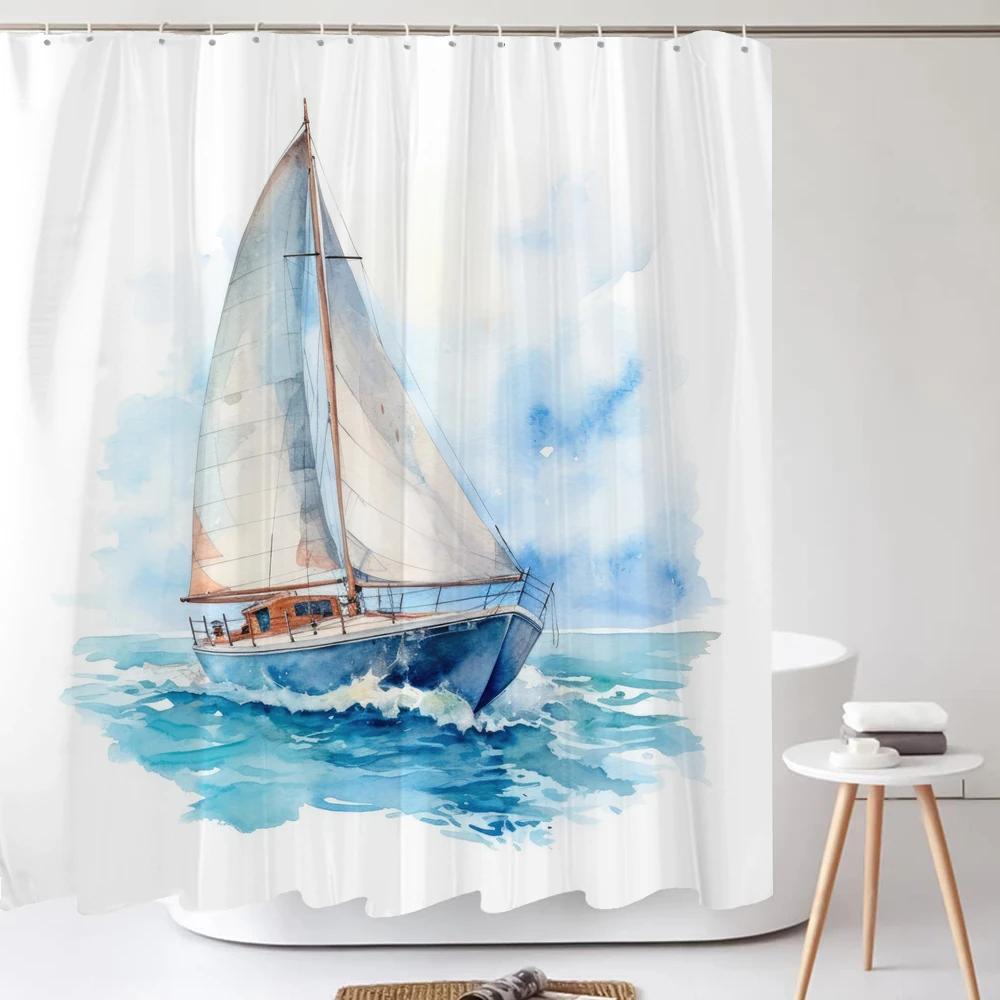 Nordic style Ocean Sailboat Print Fabric Waterproof Shower Curtain with Hooks For Bathtub Bathroom Screens Home Decor Wall Cloth