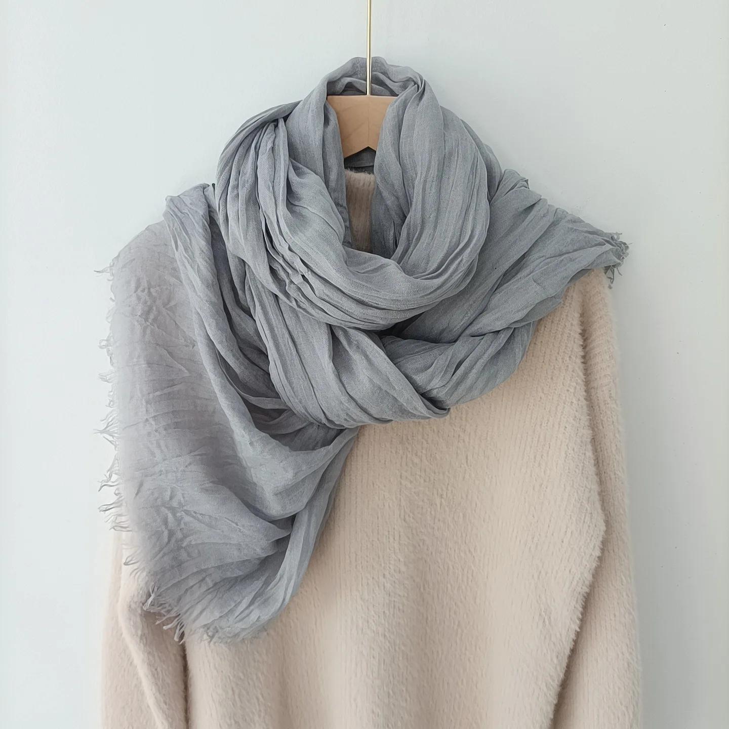 

Scarf Women s Literary Texture Folds Long and Thin Rough Edge Simple and Versatile Korean Version Spring Autumn and Winter Shawl 190cm