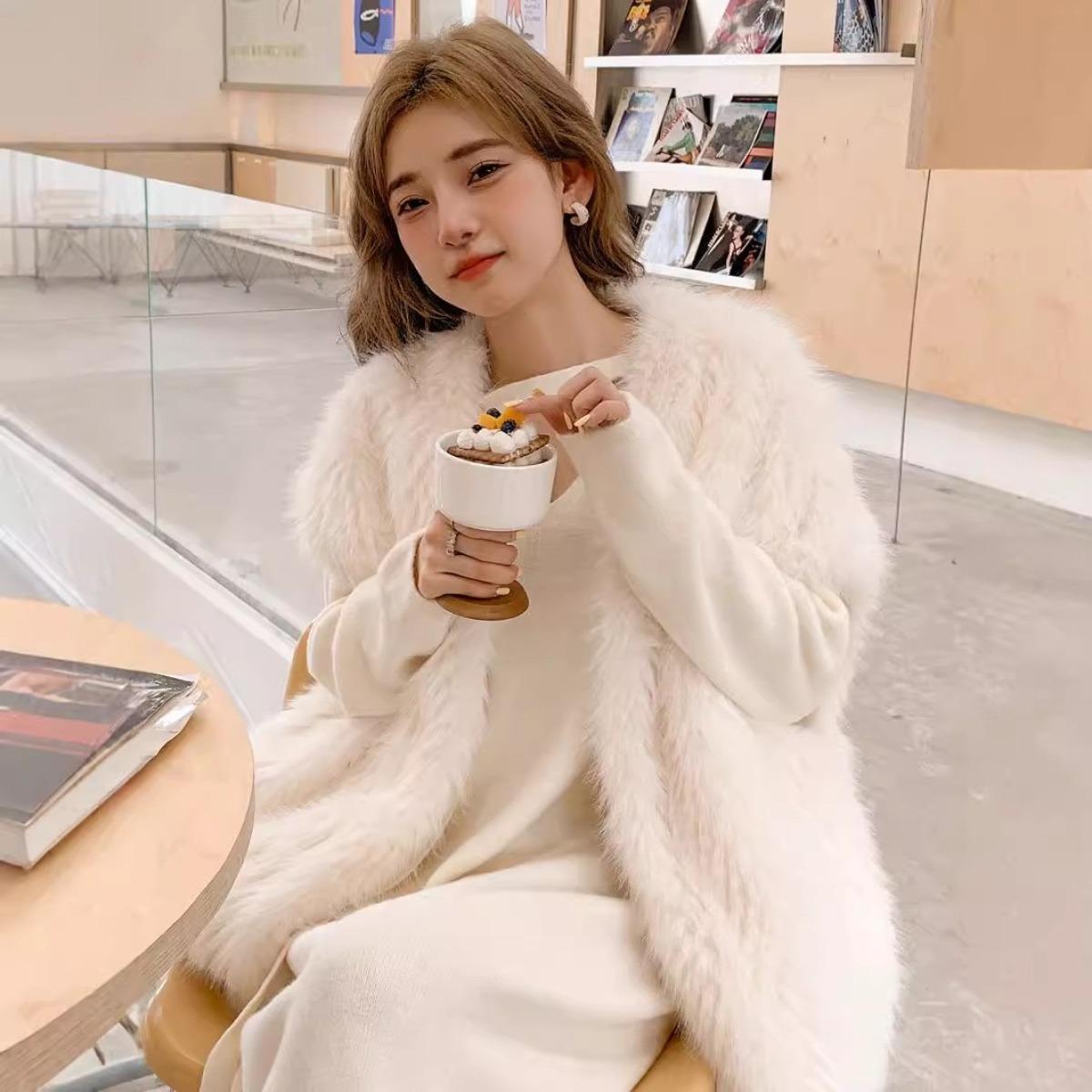 

Casual Solid Faux Fur Waistcoat For Women Sleeveless V-neck Soft Female Keep Warm Thicken Fur Vestwinter New L білий