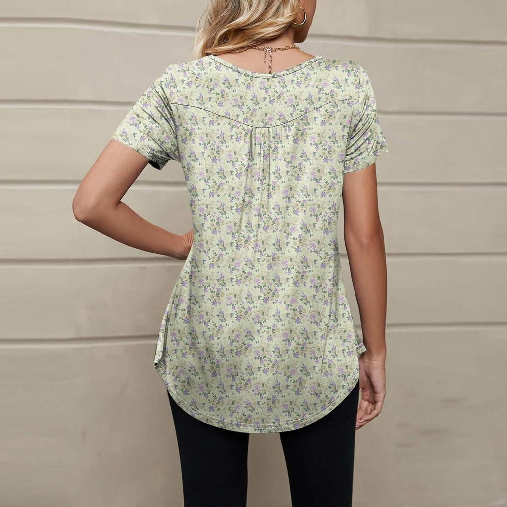 Women's Fashionable Casual V-Neck Floral Print Button-Down Short Sleeve T-Shirt Top