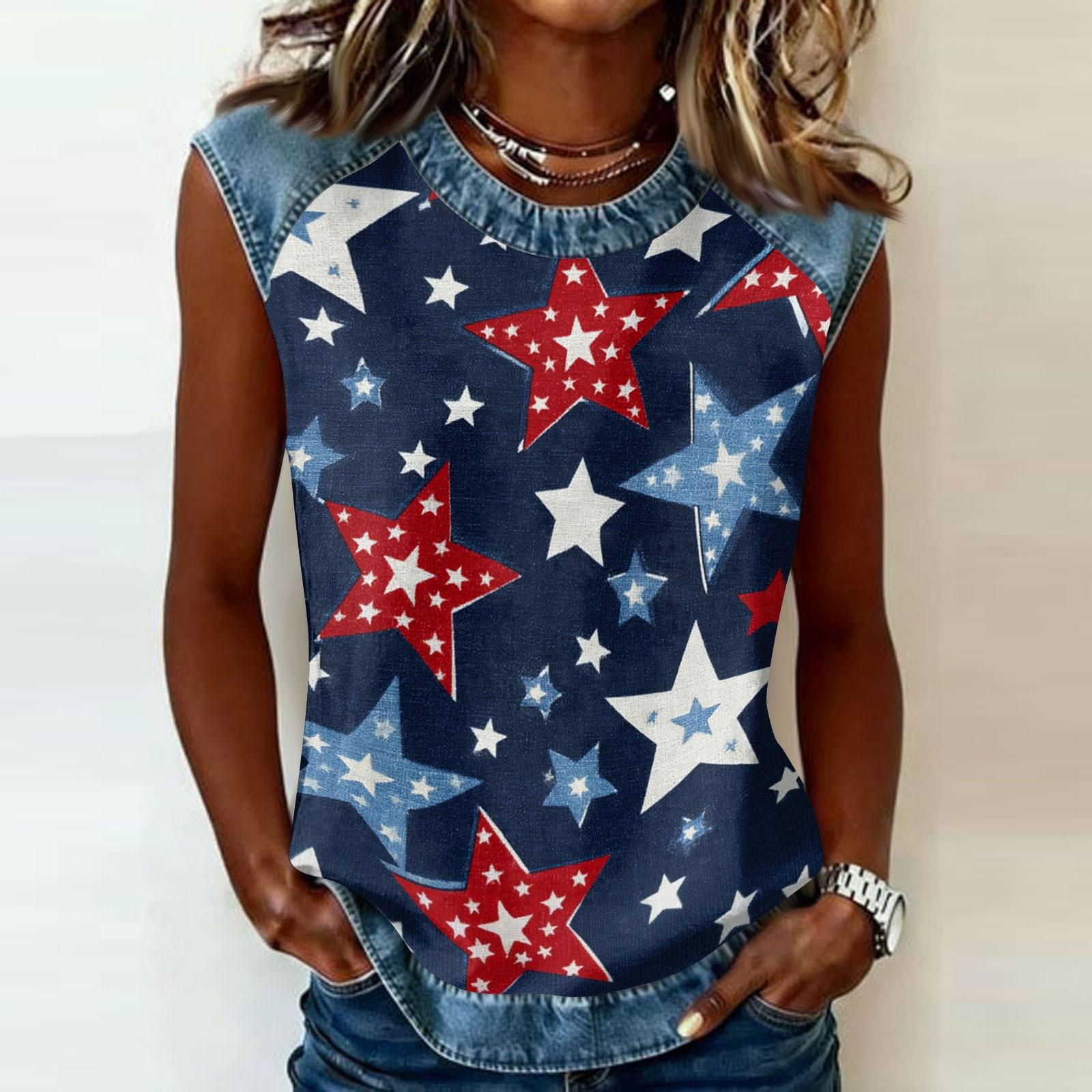 Women s Casual Sleeveless Pullover Tank Top Crew Neck Independence Day Star Stripes Print Shirt Summer Tee L