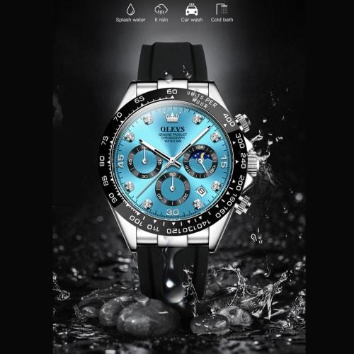 OLEVS Stylish Men's Watch Easy to Read Sports Popular Fashion Brand Japan Quartz Silicone Belt Chronograph Men's Watch Date Waterproof Business Blue A