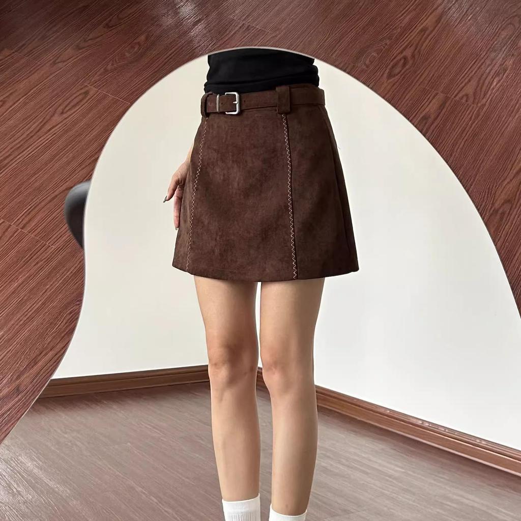 Petite Brown Suede A-Line Half-Skirt for Women - Coffee Color, Hip-Hugging, Spring/Autumn