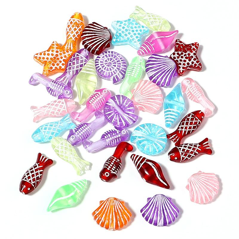 100pcs/Lot Acrylic Ocean Series Beads Mixed Seahorses Starfish Charm Bead for DIY Bracelets Necklaces Jewelry Making Supplies