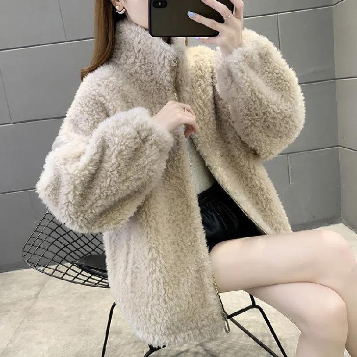 

Women s Winter Thickened Double-Sided Fleece Jacket with Stand Collar and Zipper Extra Large абрикосовый