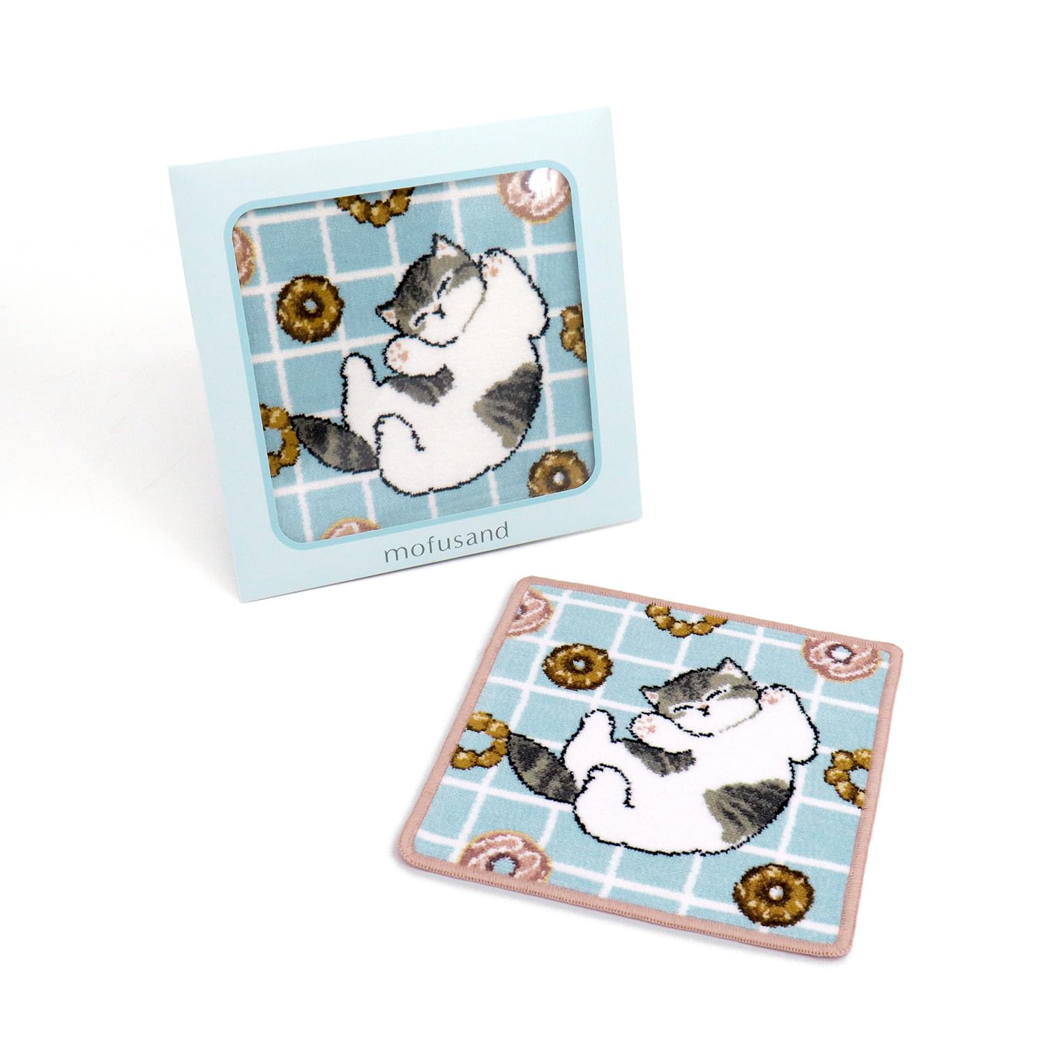 

Towel Museum mofusand Chenille Towel Handkerchief, Checkered Donut Design, Blue, Cute Cat, 43-0170250, Approx. 25 x 25 cm