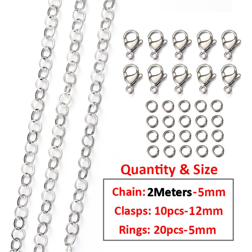 2Meters/1Meter Stainless Steel Chain Lobster Clasps Jump Rings Connectors Chains for Bracelet Necklace Jewelry Making DIY Kit