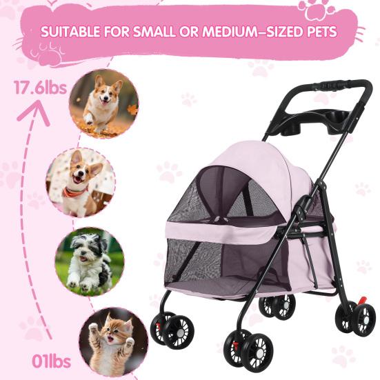 4 Wheels Folding Pet Stroller with Cup Holder, Breathable Mesh for Small Dogs and Cats, 7.5kg Capacity