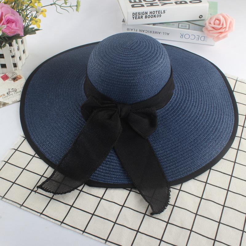 

Lady Casual Wide Brim Straw Hat Big Bowkno Summer Fashion Sun Hats Beach Flat Panama Beach Cap Black Bow for Women Accessories синій