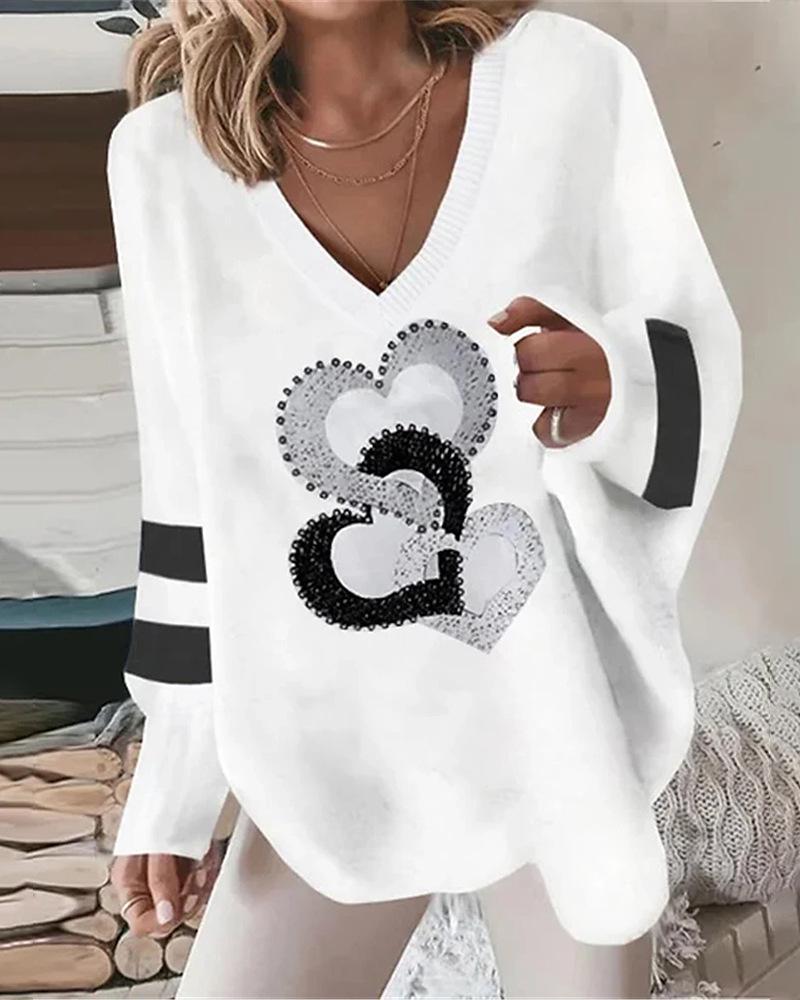 2023 Women's V-Neck Geometric Heart Sweatshirt: Casual Autumn/Winter Long-Sleeved Loose Fit