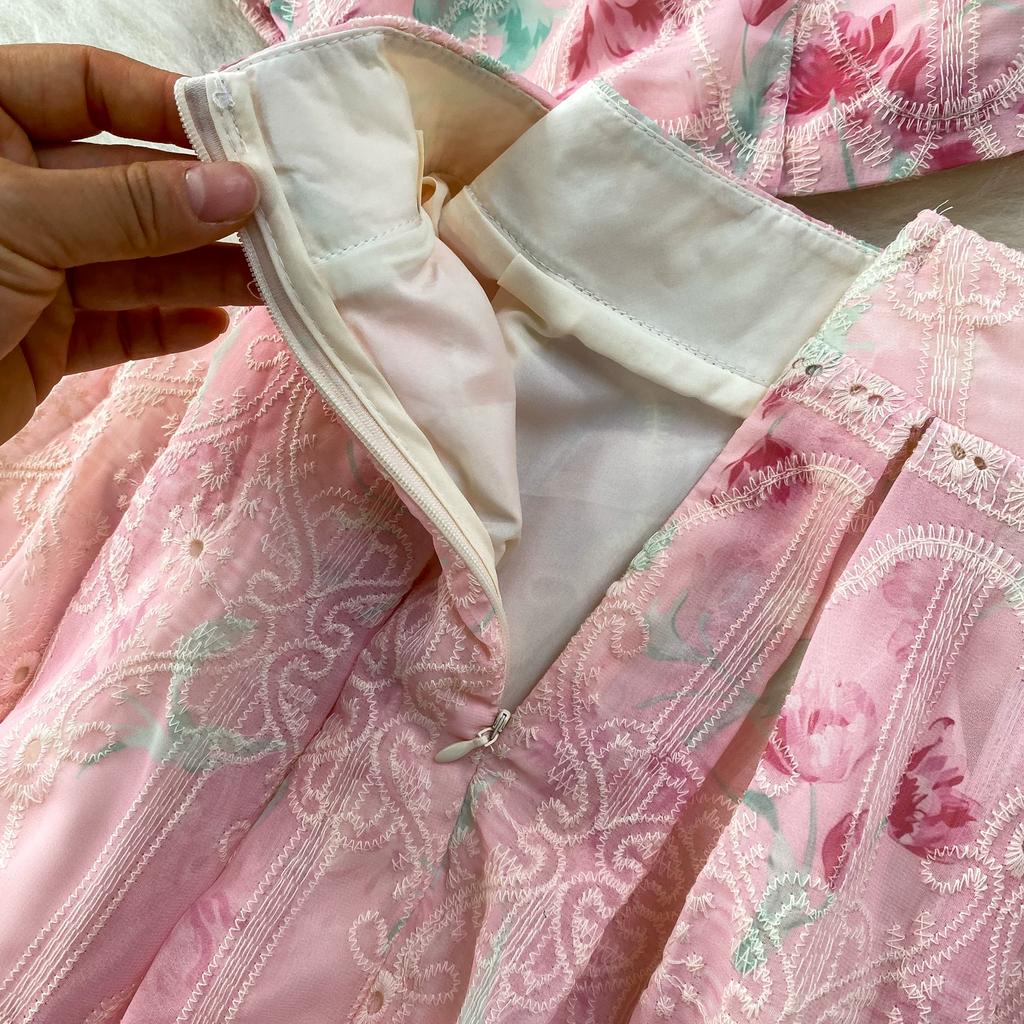 Elegant 2 Piece Set Women Summer Spring Floral Print Embroidery Prom Evening Party Long Dress Suits Crop Top Skirts Suits